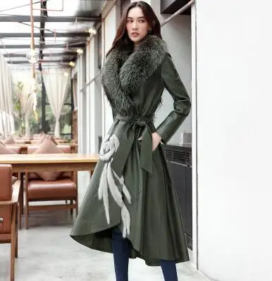 army green Высококачественное Женское пальто из натуральной овечьей кожи, длинное зимнее элегантное роскошное тонкое женское пальто с v-образным воротником из лисьего меха, S-3XL WY349 - Цвет: army green