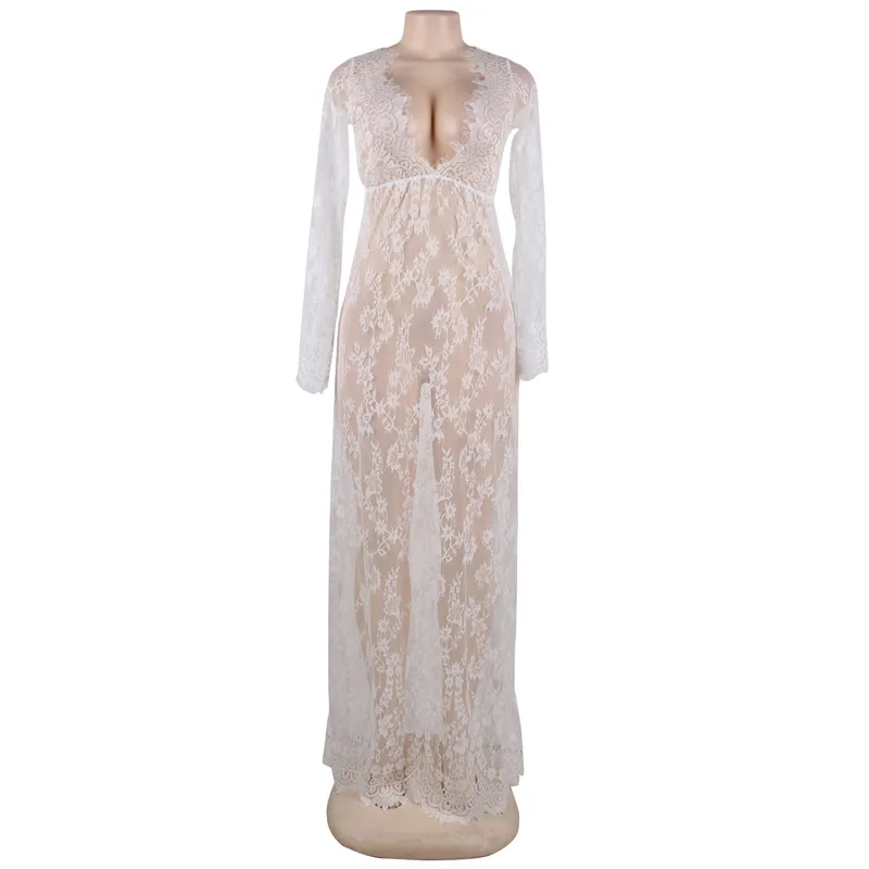 

Delicate Sexy Nightgowns Long Lace Robe Long Sleeve V Neck Transparent Black White Sexy Dress Erotic Lingerie Dress