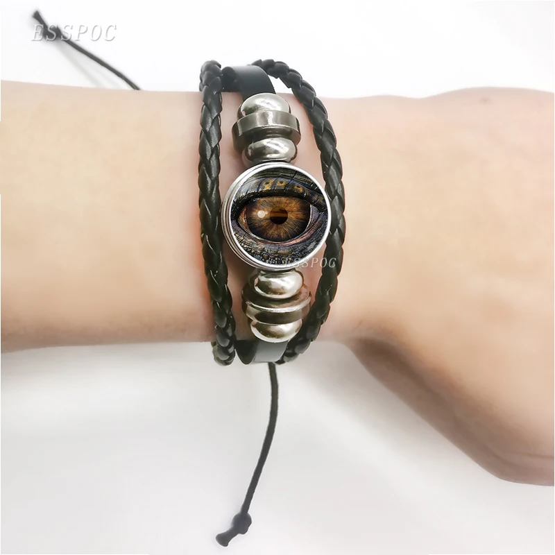 Мужской браслет Dragon Evil Eye черный кожаный в стиле панк с подвесками модные