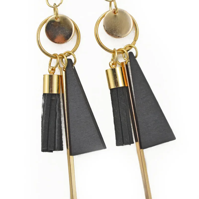 

Korean Fashion Bead Wooden Triangle Faux Leather Drop Tassel Dangle Earrings for Women Girl Gift