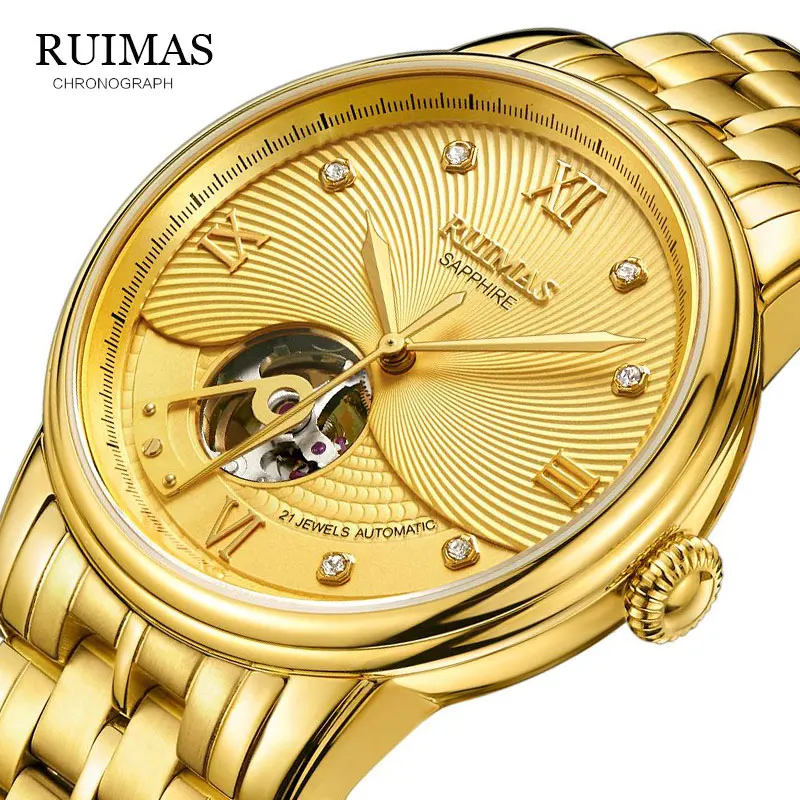

RUIMAS Men Brand Watch Fashion Luxury Wristwatch Waterproof Semi-automatic Mechanical Watch Gold Skeleton Sport Casual Watches