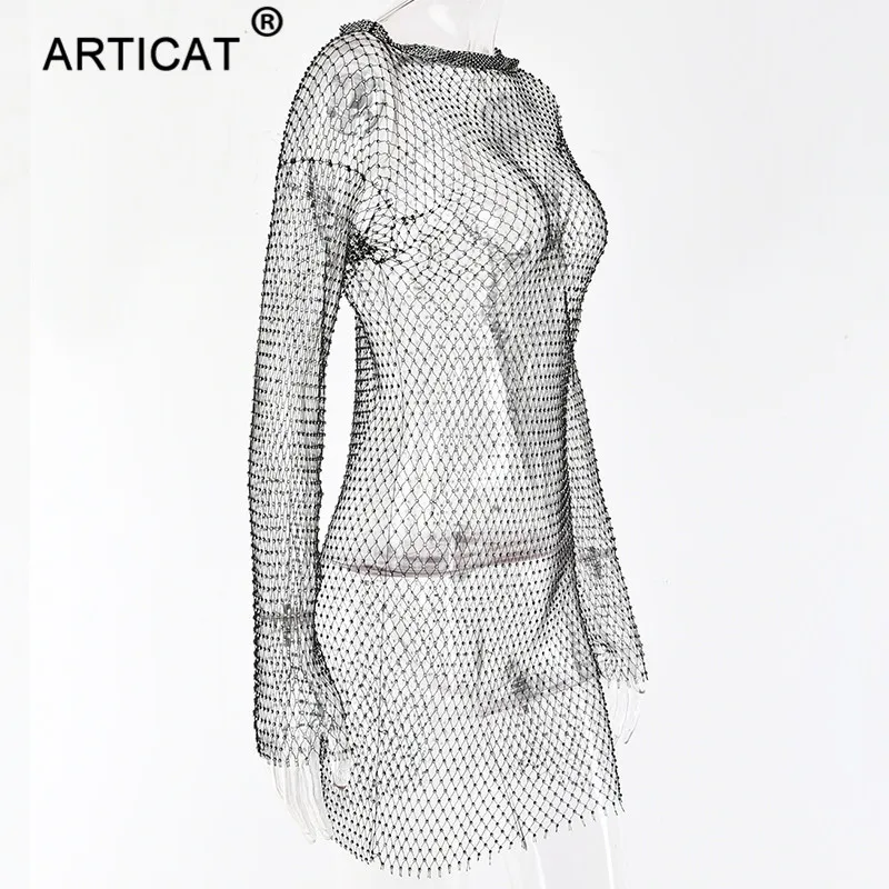Пляжное платье со стразами Articat, Черное/белое прозрачное платье в сетку с длинным рукавом, короткое платье с перфорацией для
