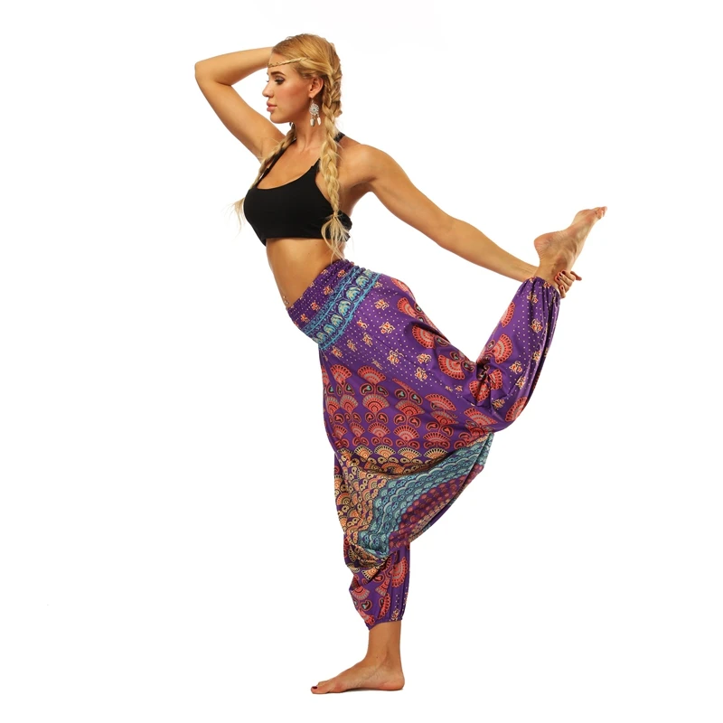 Women One Size Yoga Pants Bohemia Multicolor Geometric Print Long Yoga Pants Indian Loose Comfy Harem Trousers Wide Leg Pants