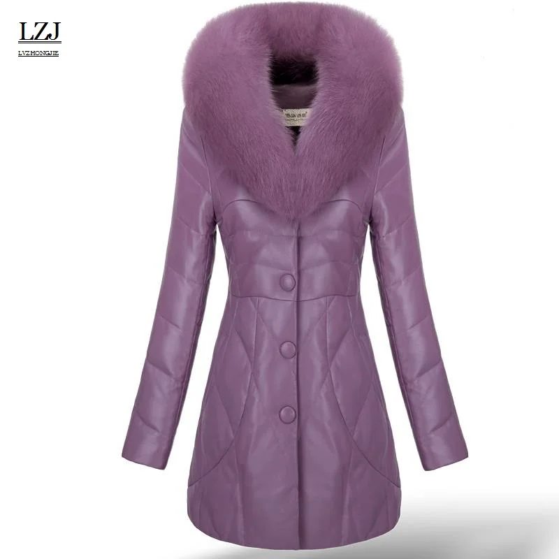 purple LZJ новая женская зимняя теплая шуба из лисьего меха воротник из овечьей кожи пуховик Роскошная куртка плюс размер 3XL специальная распродажа - Цвет: purple