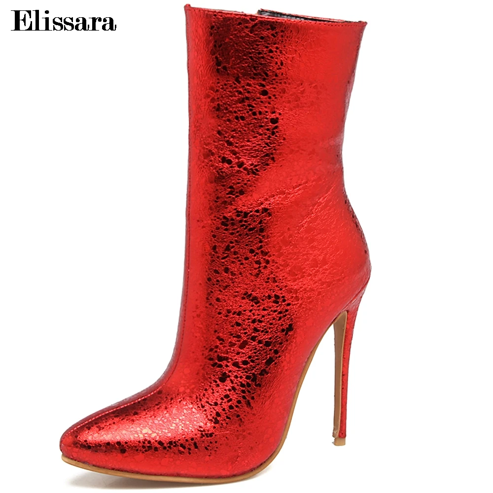 Elissara Excellent Quality Women High Heels Mid Calf Boots For Zip Pointed Toe Shoes Plus Size 33-47 | Обувь
