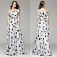B0075  New  Floral Print Off the Shoulder Organza Short Sleeves Prom Ball Women Formal Maxi Gown Grey Floor-Length Dresses