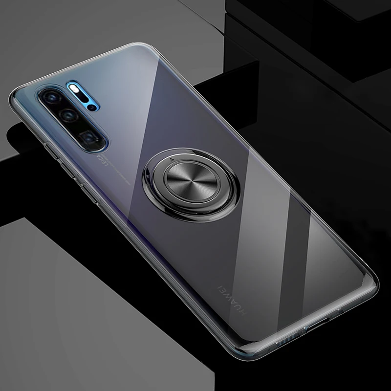 Transparent black Чехол для huawei P30 Pro Lite, прозрачный мягкий силиконовый чехол с кольцом-держателем для huawei P20 mate 20 Pro X Honor View 20, чехол для телефона - Цвет: Transparent black
