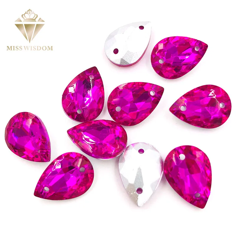 

10X14/13X18mm water drop Rose red glass crystal pointback Double hole sew on rhinestones Diy dress wedding accessories