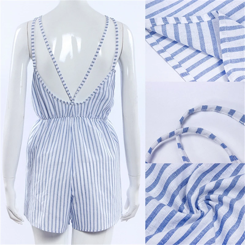 Модный женский летний пляжный полосатый комбинезон с открытой спиной и лямкой на