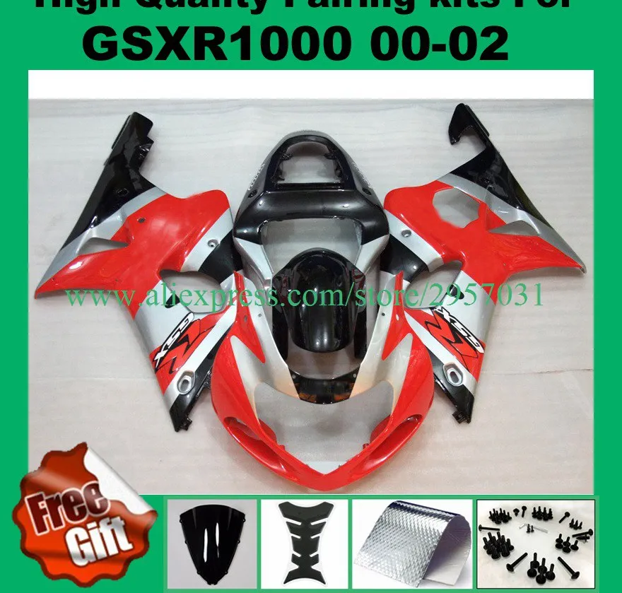 

Injection bodywork for SUZUKI GSXR1000 00 01 02 red silver black fairings GSX-R1000 2000 2001 2002 Fairing kit #527-32 , 9gifts