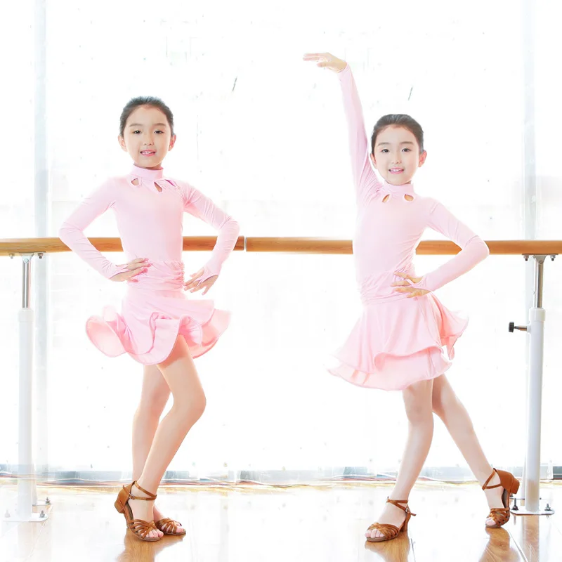 Latin Dance Dresses For Girls Kids Competition Skirt Dress Performance Salsa Pink Standing Collar Suit | Тематическая одежда и