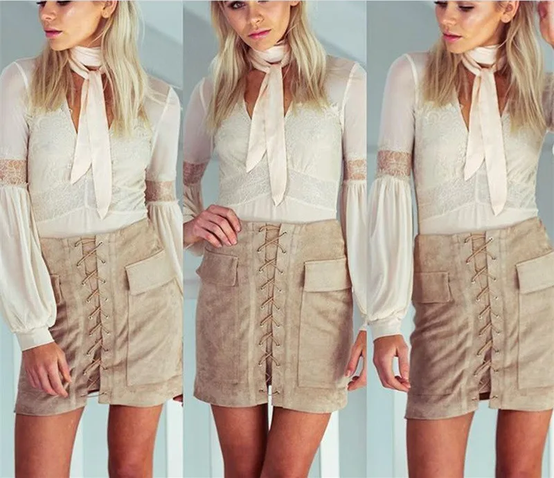 90`s High Waist Vintage Tight Suede Lace Up Skirt Autumn Winter Thick Pencil Preppy Mini Zipper split short | Женская одежда