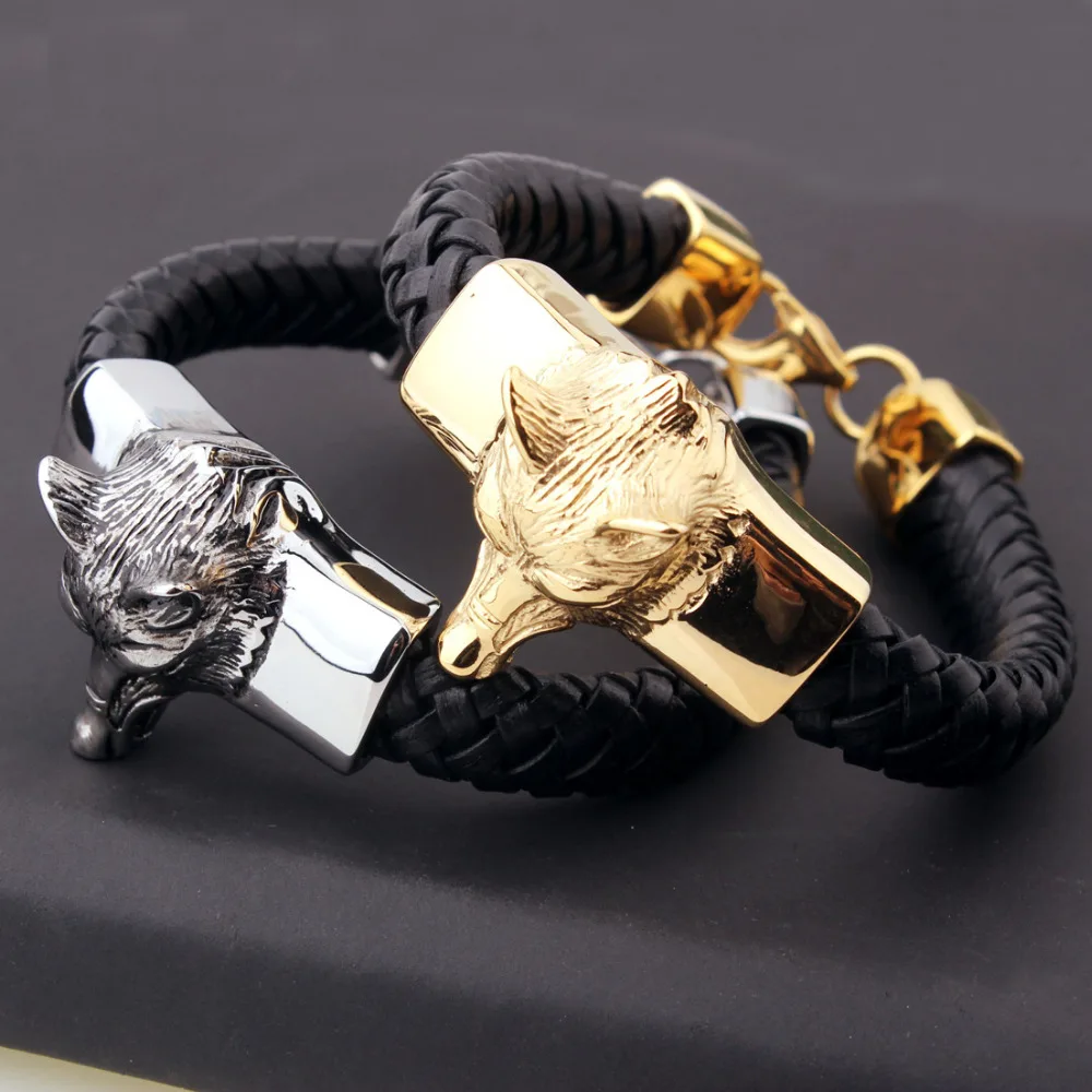New Cool Men's Silver/Gold Stainless Steel Wolf Braided Black Genuine Leather Bracelet 8.26&quot15mm | Украшения и аксессуары