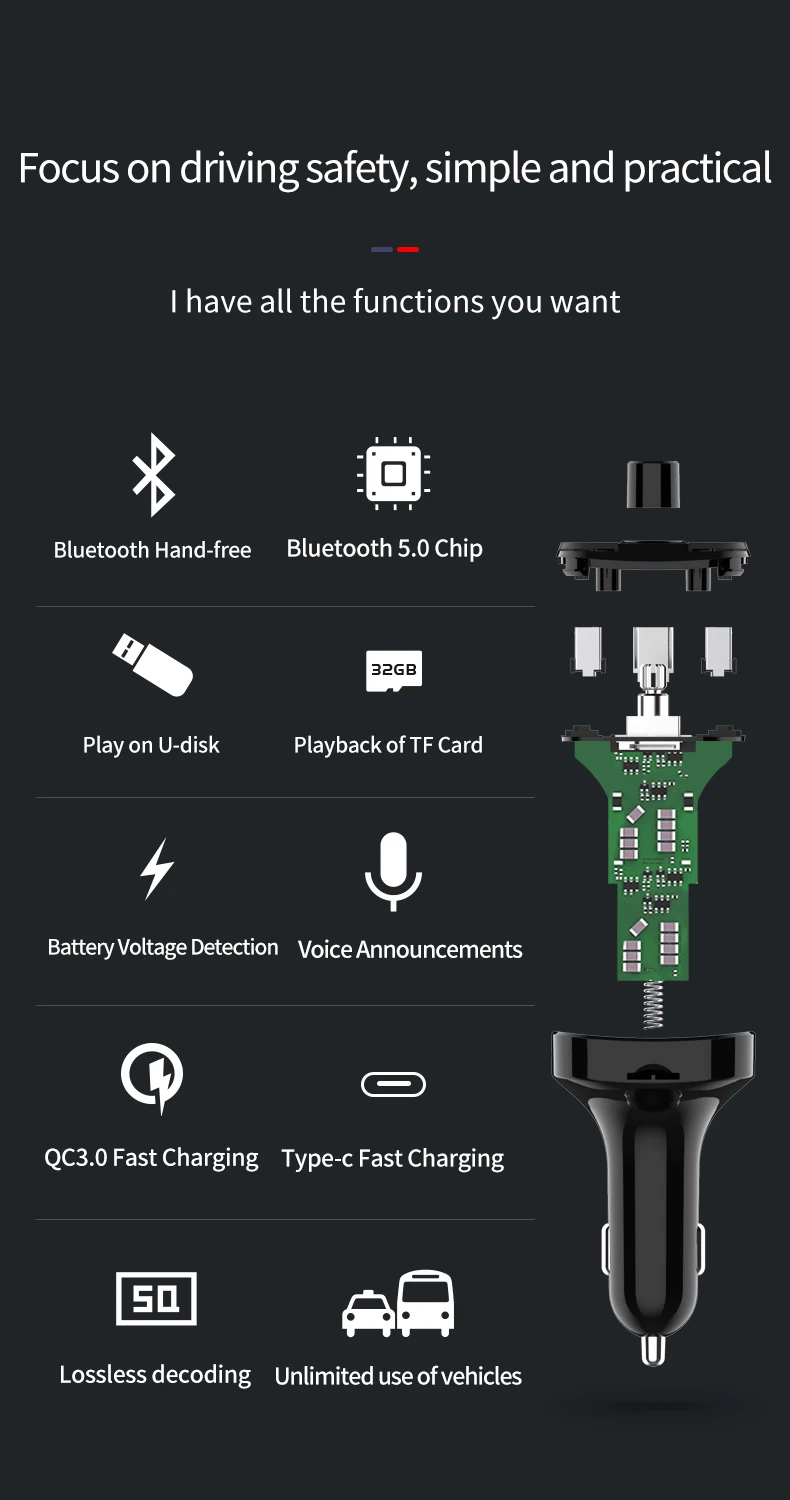 Автомобильный MP3 Bluetooth плеер, беспроводной Bluetooth fm-передатчик, USB интерфейс, быстрая зарядка 3,0, автомобильное зарядное устройство