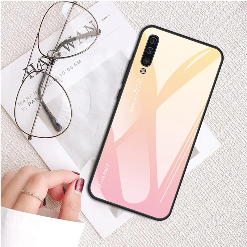 01 Yellow Чехол для телефона с градиентным стеклом для samsung Galaxy M20 M10 A30 A50, чехол для Galaxy M10 M 20 10 A 30 50, чехол из закаленного стекла - Цвет: 01 Yellow