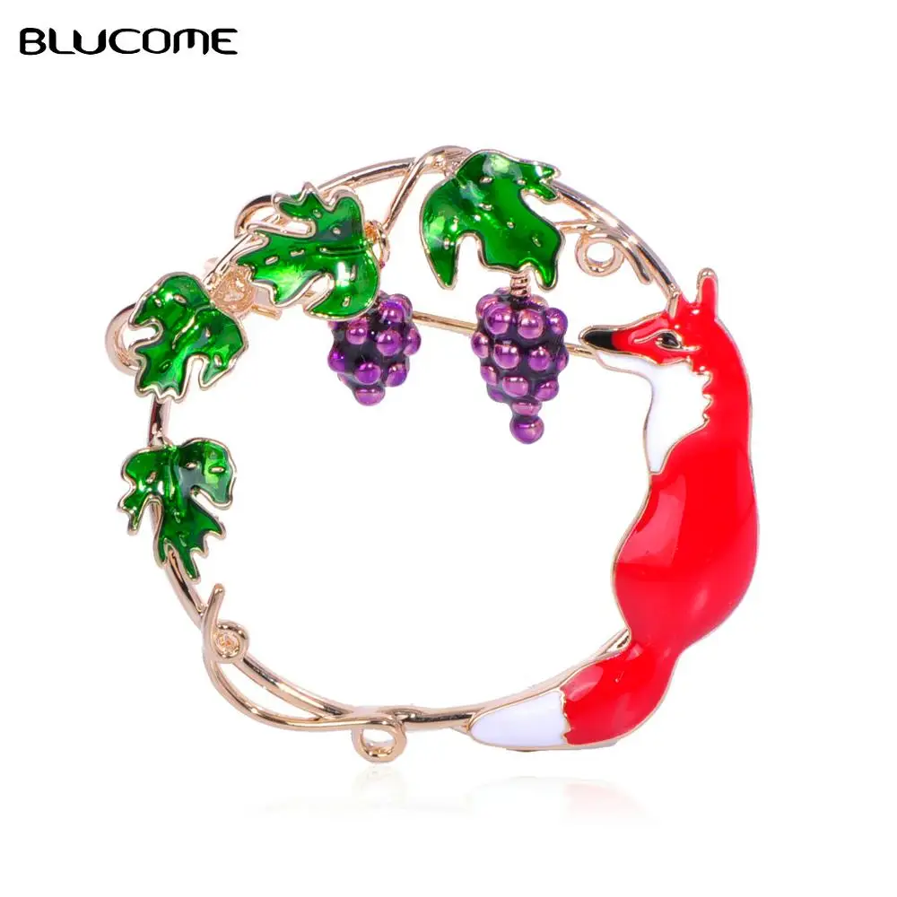 Blucome яркие броши в форме лисы с виноградным деревом, эмаль, фрукты, Harajuku, брошь, корсаж, медная булавка для свадебной вечеринки