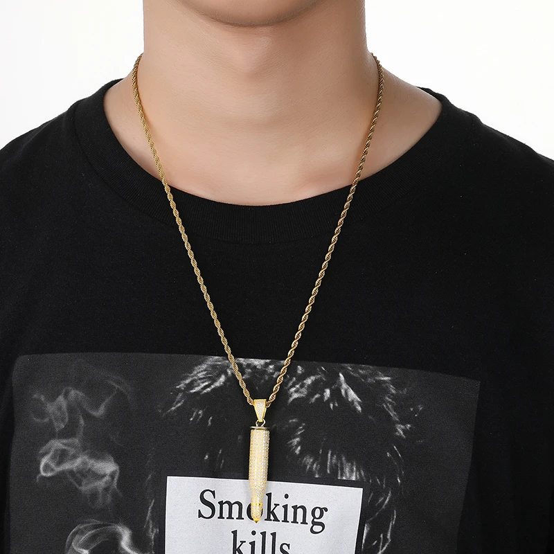 

D&Z Hip Hop Micro Paved Rhinestone Bullet Necklaces Pendants Stainless Steel Jewelry For Men Colar Masculino