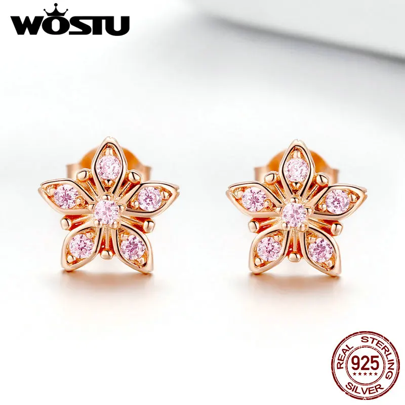 WOSTU корейский стиль серебро 925 пробы серьги гвоздики с цветком розовое золото