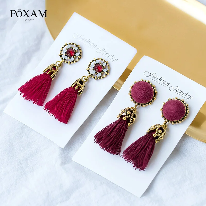 Женские серьги POXAM капельки с кисточками из красного хлопка и шелка