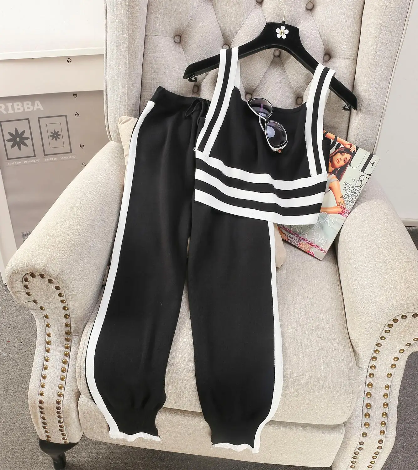 [ALPHALMODA] осенний женский укороченный топ и штаны костюмы из 2 предметов полосатые
