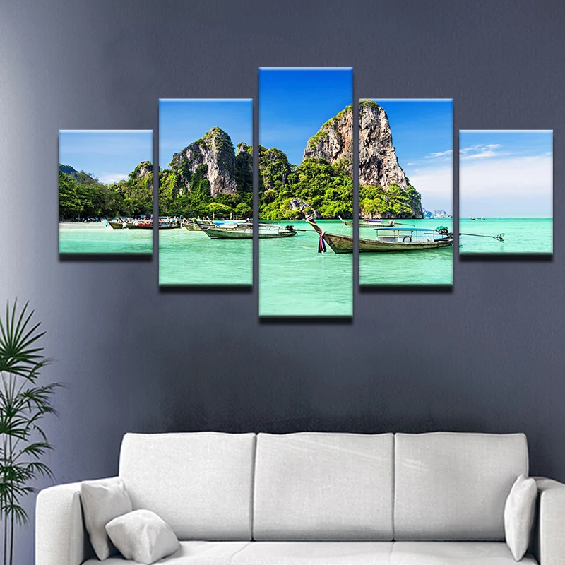 5 Панель судно в горы вид на море Холст Картина модульные стеновые Картины Wall Art Home