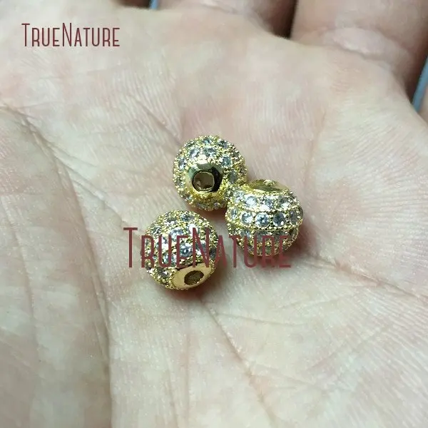 

10Pcs Designer Copper Beads Clear Zircon Micro Pave Gold Plating Ball Bead Loose Beads 8mm BE1311
