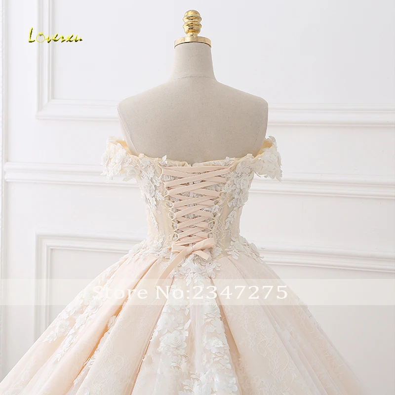Loverxu Vestido De Noiva кружевное бальное платье Свадебные платья сексуальный вырез лодочка, Аппликация из бисера Королевский поезд Цветы Свадебные платья