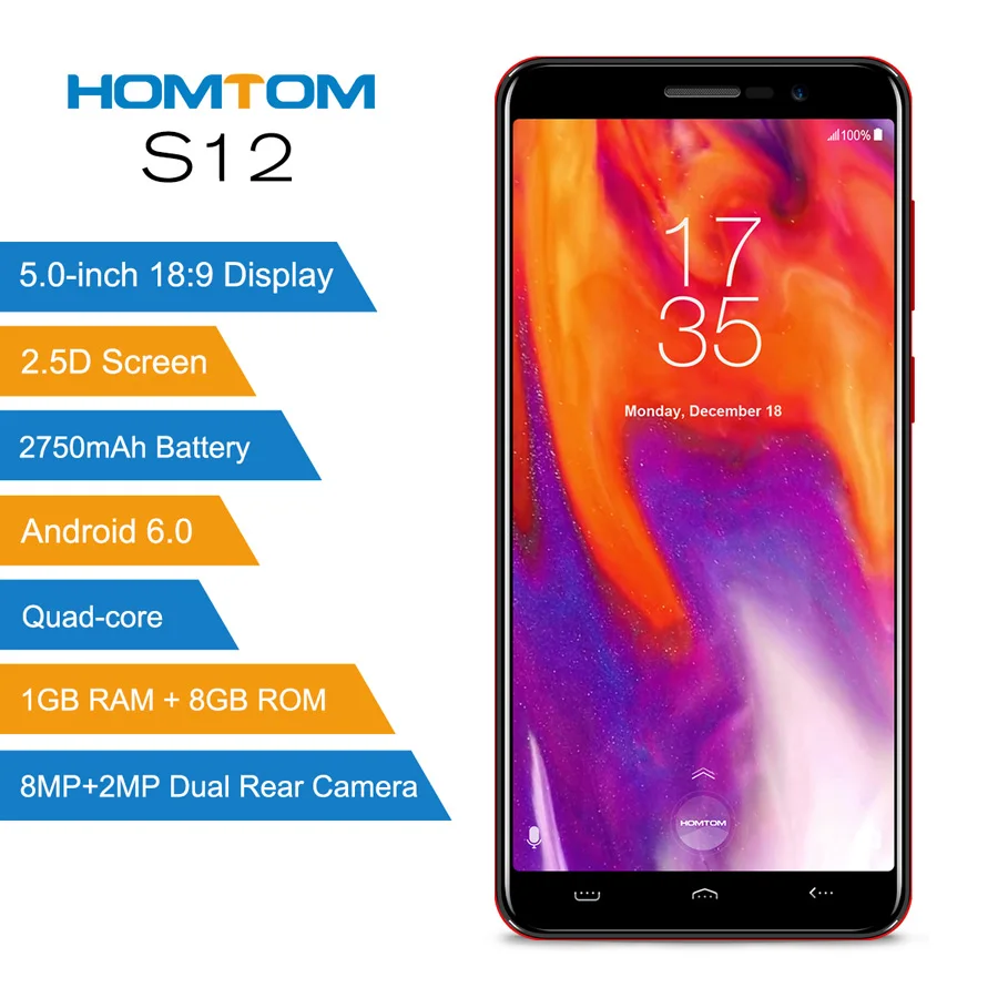 HOMTOM S12 смартфон 5 0 дюймов HD 18:9 полный Дисплей 1 ГБ Оперативная память 8 Встроенная