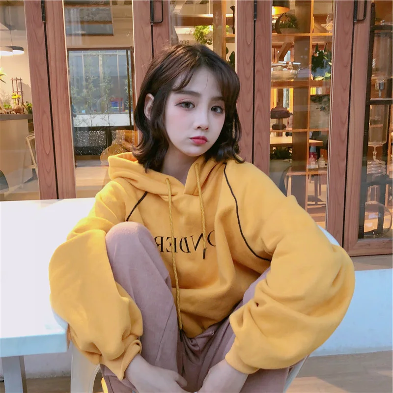 Женские толстовки Ulzzang плюс бархатные элегантные свободные с длинным рукавом Kawaii корейский стиль хлопок с буквенным принтом женские толстовки s