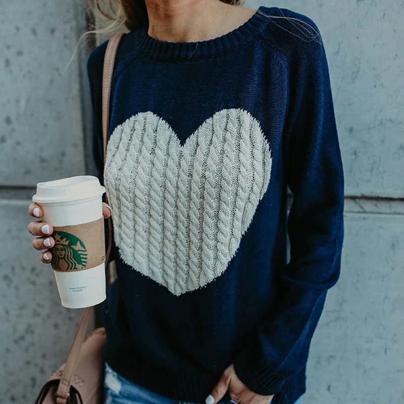 Autumn Winter Women O-neck Knitted Sweaters Heart Cute Long Sleeve Pullover Knitting Sweater Casual Patchwork Pullovers | Женская одежда