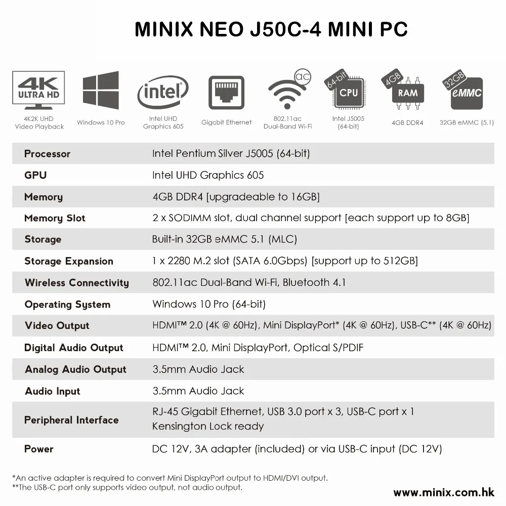 MINIX Новый NEO J50C 4 объемом памяти Гб/64GB официальная WINDOWS 10 PRO серии мини ПК Intel Pentium