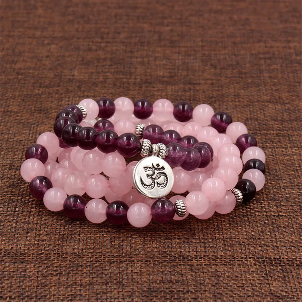 

Hot Sale Women's Natural 8mm Pink and Purple Crystal Beaded Bracelet 108 Mala Lotus OM Buddha Pendant Yoga Necklace Meditation