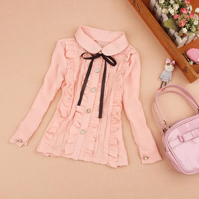 Блузка с длинным рукавом для девочек подростков шифоновая рубашка оборками