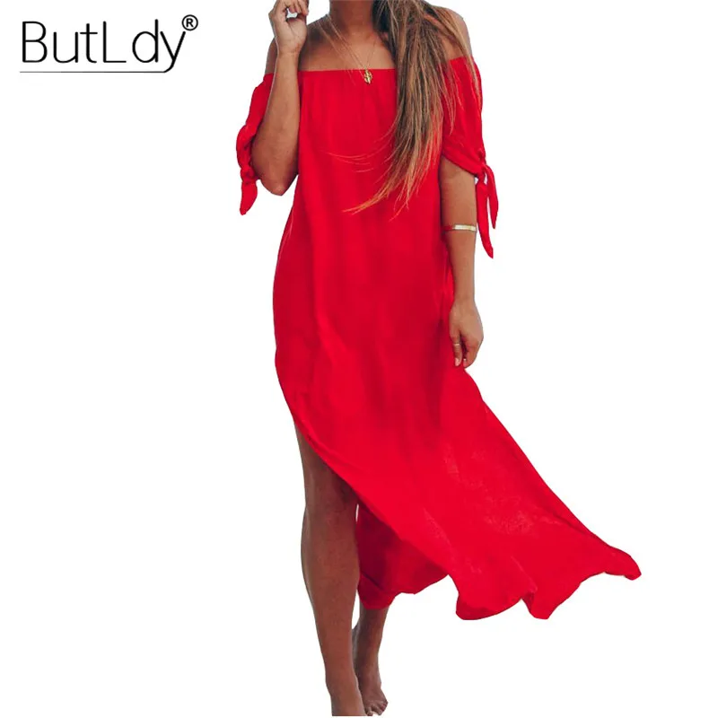 Женское асимметричное пляжное платье макси летнее с открытыми плечами и