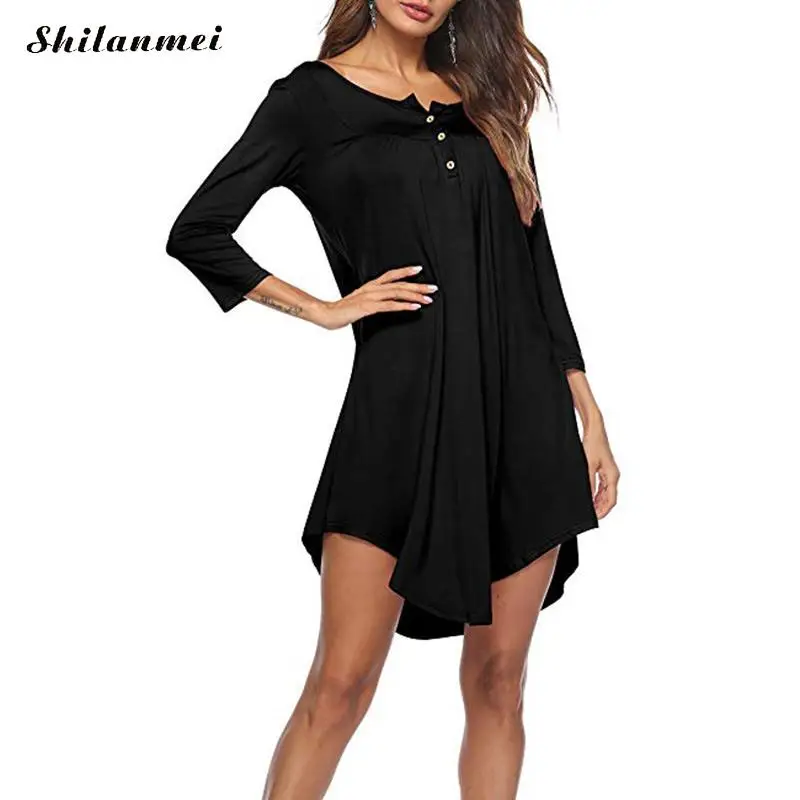 Для женщин платья 2018 Демисезонный свободная футболка платье с круглым вырезом и