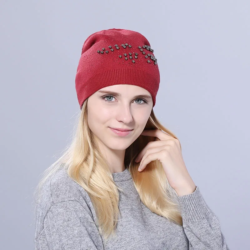 [YARBUU] настоящий шарик из меха норки шляпа для женщин Шерсть skullies beanies бабочка ногтей бусины твердые вязаные шапки для девочек женская Лыжная шапка - Цвет: red wine