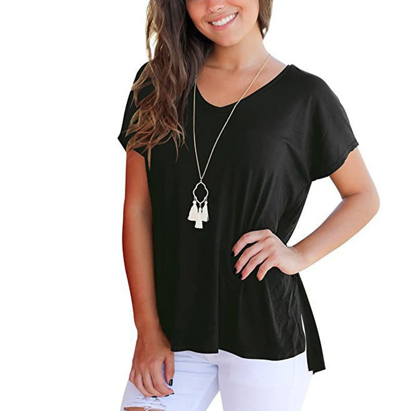 Women's T-shirt round neck solid color cotton fashion street casual large size loose short-sleeved split polyester woman | Женская