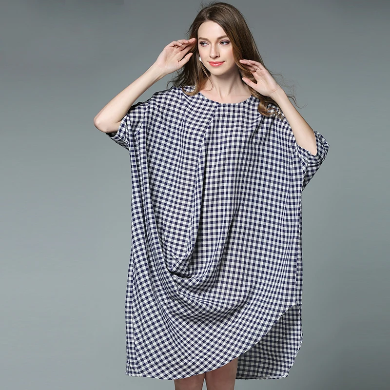 2017 летние Большие размеры женские плед свободные платья Асимметричный дизайн