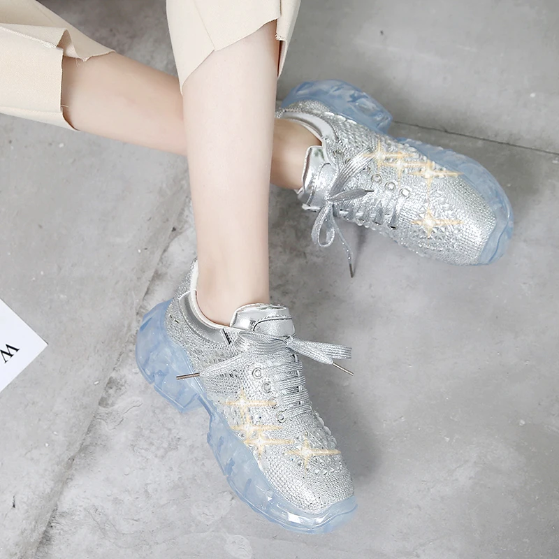 Модные женские туфли блестящие стразы прозрачная обувь на толстой подошве