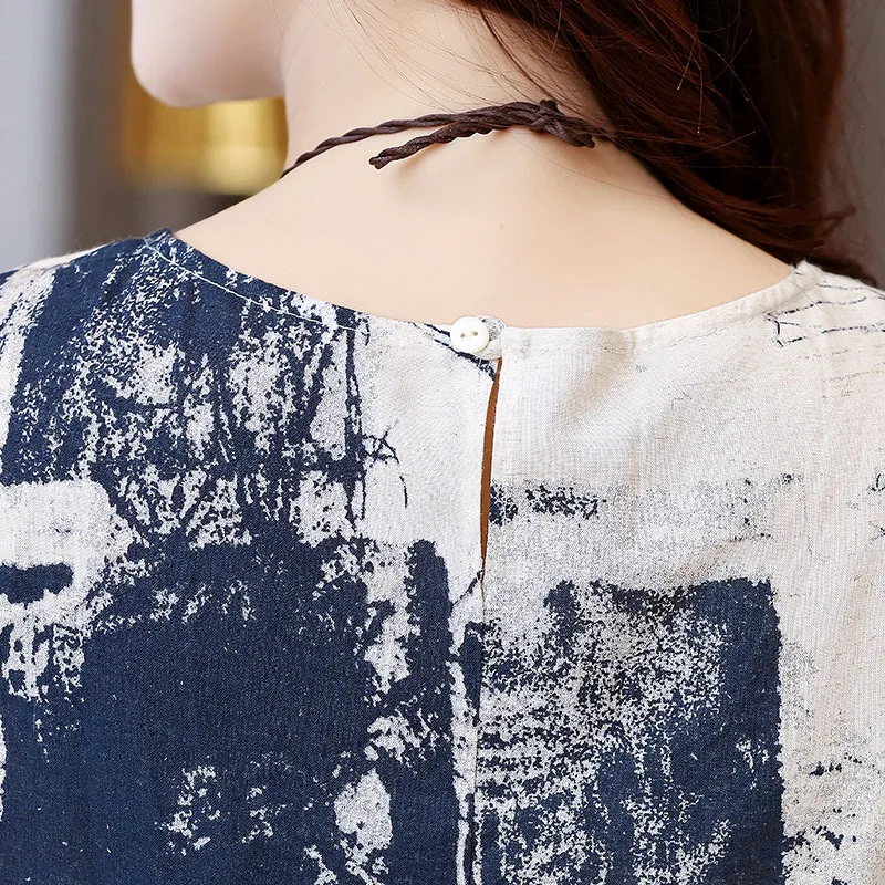 Женское льняное платье повседневное летнее без рукавов с цветочным принтом и