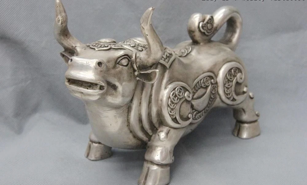 China Fengshui Copper Silver Zodiac Year Animal RuYi Wealth Bull Ox Oxen Statue | Дом и сад