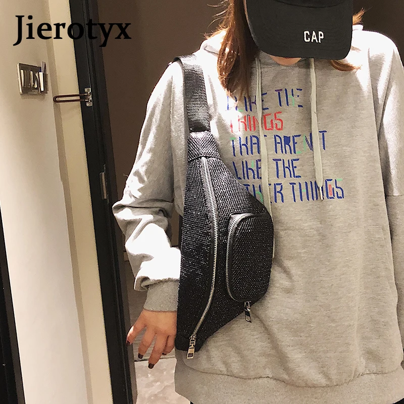 JIEROTYX модная поясная сумка для женщин, поясная сумка, повседневная черная кожаная сумка с пайетками на цепочке, кошелек на молнии, дорожная нагрудная сумка, высокое качество