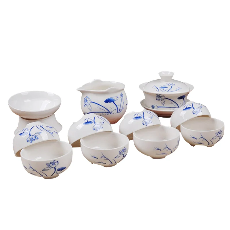 

S/11 Tea Set 1Gaiwan+1Gong Dao Cup+1Tea Strainer +8Tea Cups Blue And White Jingdezhen Porcelain Green Oolong Tea Ceramic Teapot