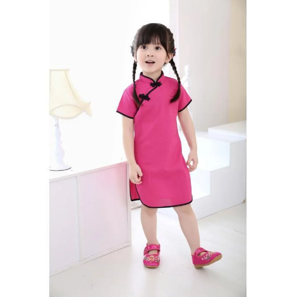Hooyi Solid Baby Girls Dress Chinese New Year Traditional Qipao Children Chi-pao Kids Cheongsam Linen Girl's Clothes Summer Tops | Детская
