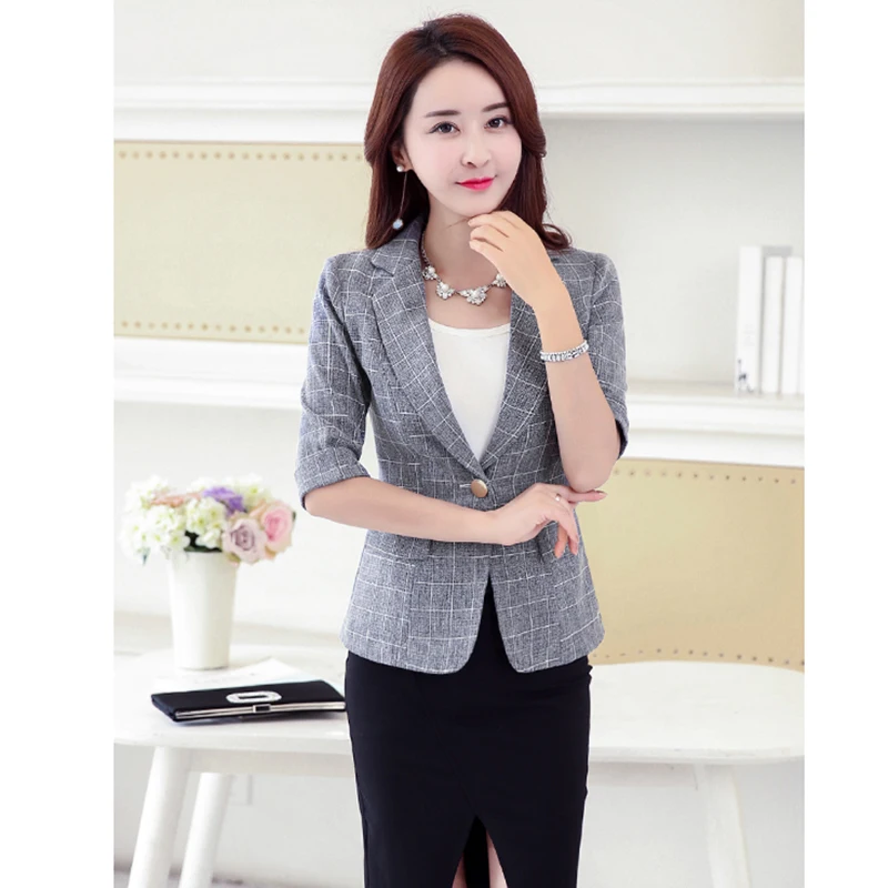 

2019 women's spring and autumn plaid blazer retro large size one button female jacket Slim office ladies jacket S-3XL