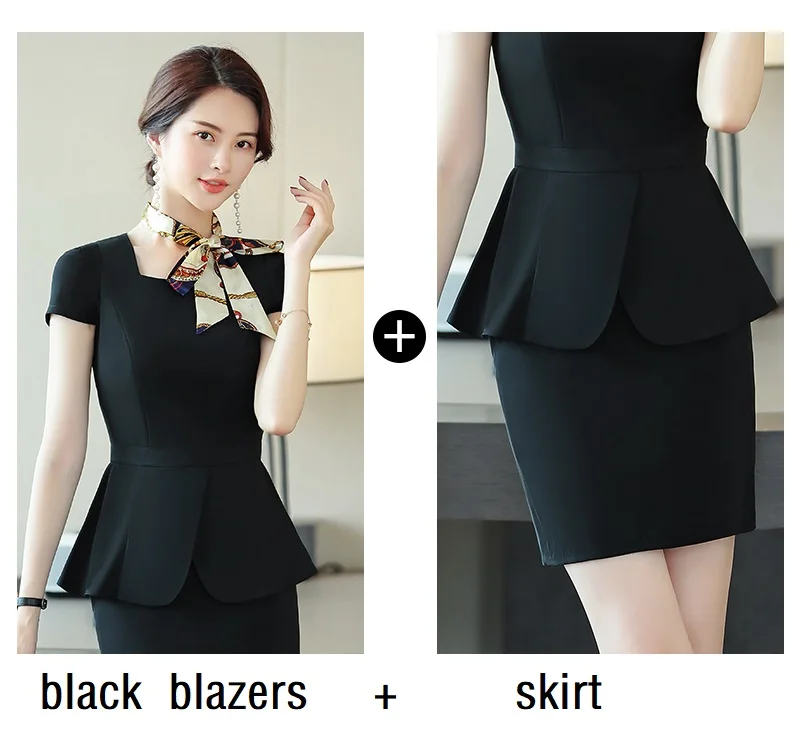 black blazers skirt Женские костюмы тонкие летние с коротким рукавом блейзеры брюки 2-шт Набор OL формальные деловые женские брючные костюмы женские комплекты костюмы - Цвет: black blazers skirt