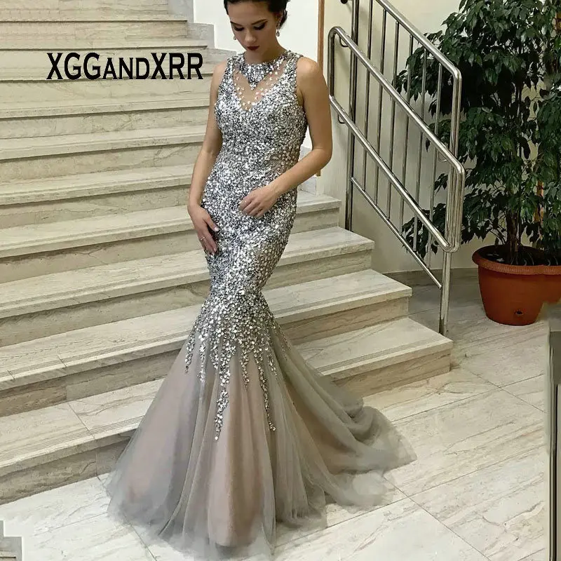 Luxury Sparkling Gray Mermaid Prom Dress Long Evening Dresses Heavy Beading Crystal Scoop Sleeveless Real Picture Plus Size