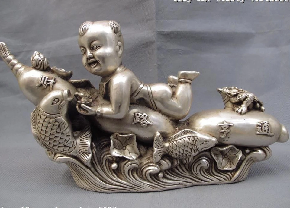 

China White Copper Silver Fengshui Lucky Wealth lotus root Boy Toad Fish Statue