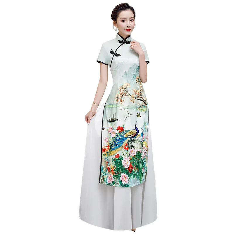 Женское традиционное китайское платье Ципао Aodai белое винтажное с цветочным