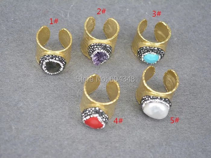 5pcs HOT Natural Labradorite Pearl Red Coral Purple Quartz Blue Stone Crystal Paved Rings Gold color Men and Women Jewelry | Украшения и